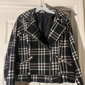 Dots Black and White Plaid Tweed Moto Biker Jacket